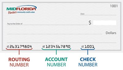 Example of check with routing number, account number, and check number