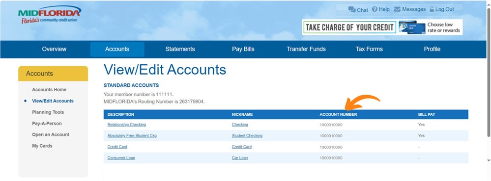 Image of online banking with account numbers